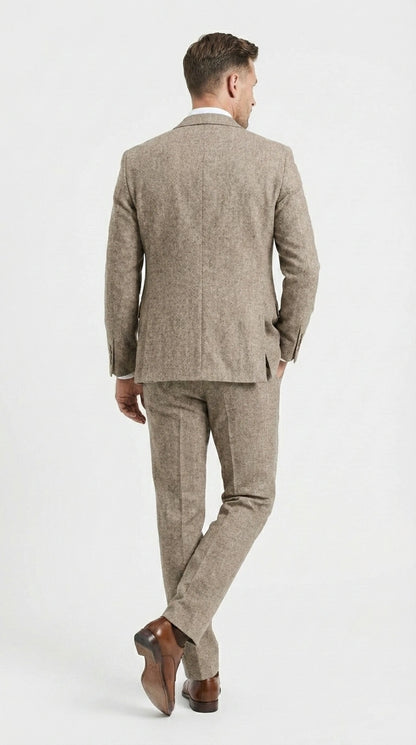 Men’s Light Beige Herringbone Tweed Suit with Vest – Classic Three Piece Formal Suit, Vintage Business Wedding Outfit, Elegant Smart Casual Wear