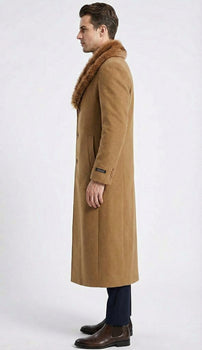 Men's Camel Brown Long Overcoat with Faux Fur Collar, Classic Winter Topcoat for Formal and Business Wear - Image 3