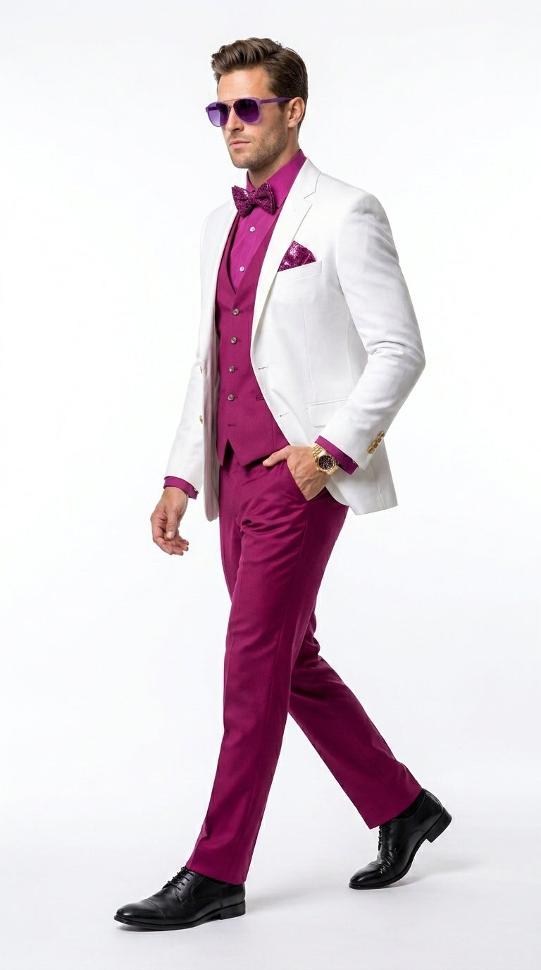 White and Burgundy Tuxedo Wedding Suit for Men – White Dinner Jacket with Burgundy Vest, Pants and Bow Tie