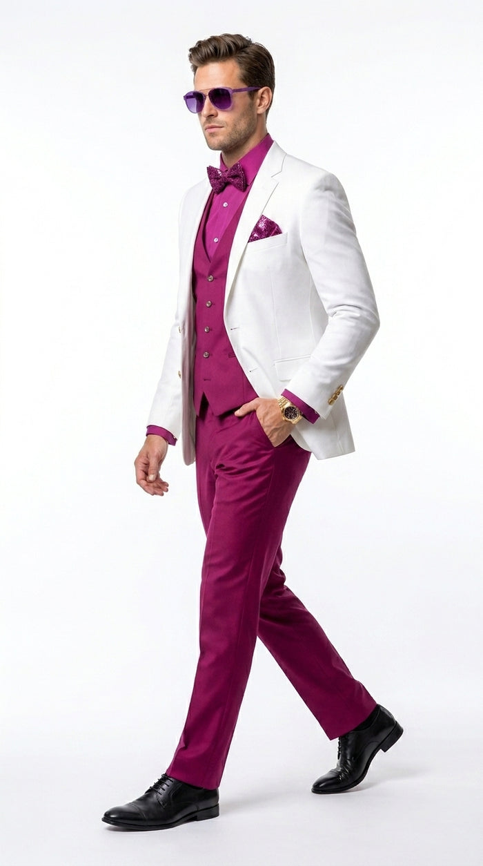 White and Burgundy Tuxedo Wedding Suit for Men – White Dinner Jacket with Burgundy Vest, Pants and Bow Tie