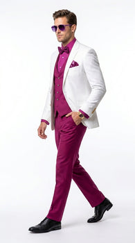 White and Burgundy Tuxedo Wedding Suit for Men – White Dinner Jacket with Burgundy Vest, Pants and Bow Tie