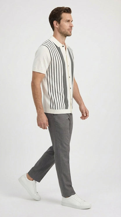 Mens White and Charcoal Gray Stripe Walking Suit Plus Matching Pants – Short Sleeve Button Shirt and Pants Casual Summer Outfit for Travel, Vacation and Everyday Wear