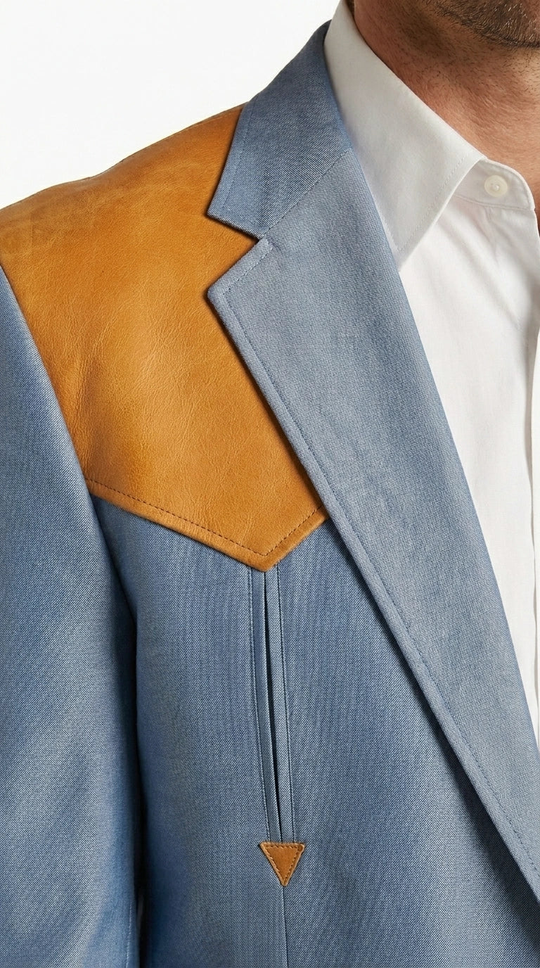 Men’s Sky Blue and Gold Western Cowboy Blazer – Classic Country Style Jacket, Retro in Steel Blue Color
