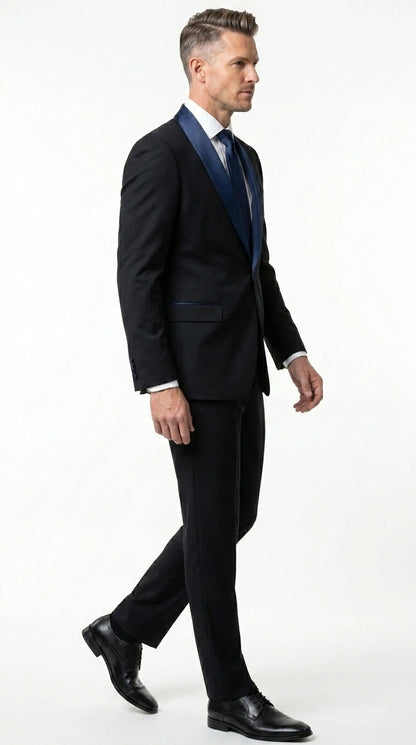 Men’s Black Suit with Navy Blue Lapel – Elegant Formal Tuxedo Style Suit for Wedding, Prom, Party and Evening Wear