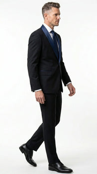 Men’s Black Suit with Navy Blue Lapel – Elegant Formal Tuxedo Style Suit for Wedding, Prom, Party and Evening Wear