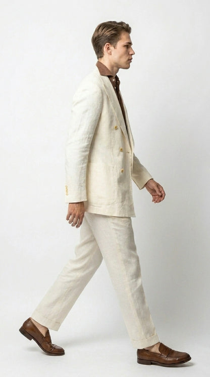 Men’s Off White 70s Style Double Breasted Suit – Vintage Retro Wide Lapel Classic Outfit for Party, Wedding and Casual Fashion Wear
