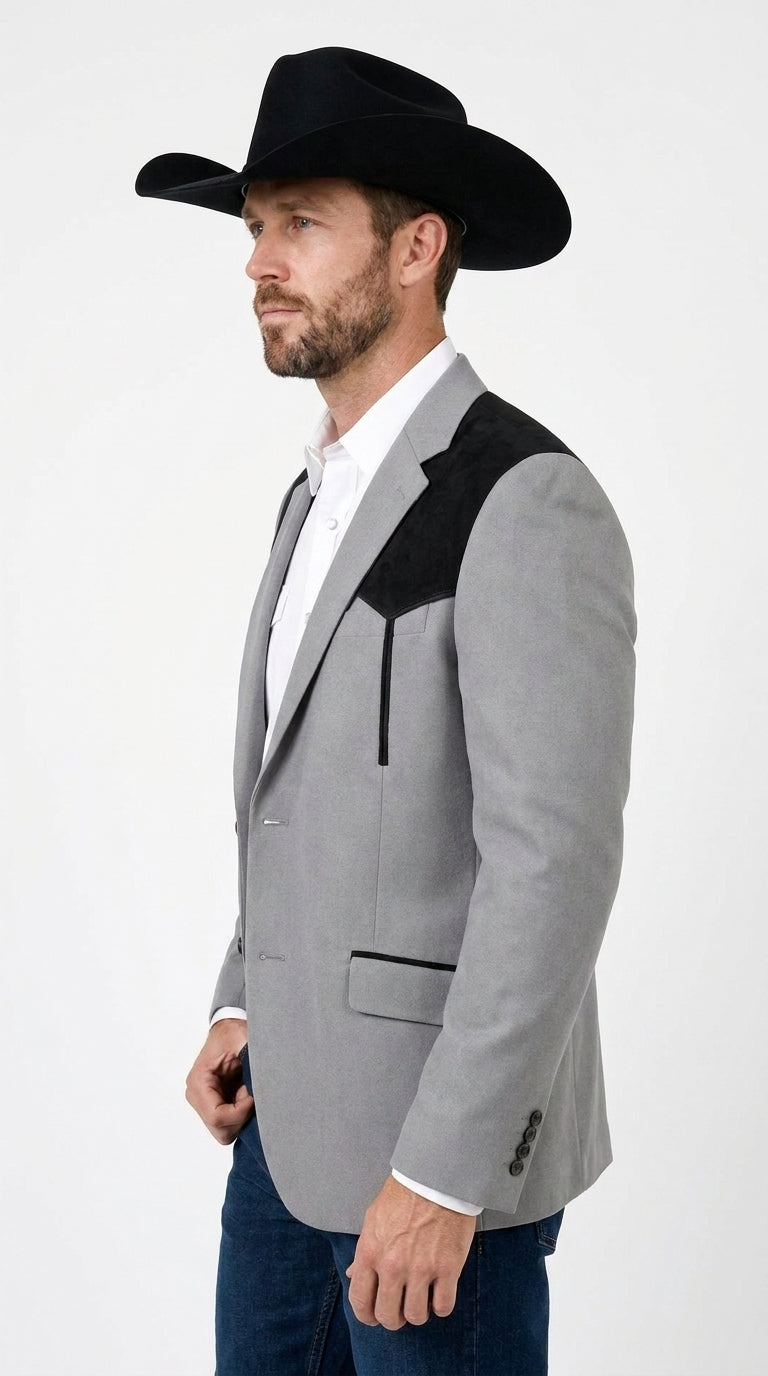 Men’s Grey Western Blazer with Black Suede Yoke – Cowboy Sport Coat for Rodeo, Country Wedding & Ranch Wear