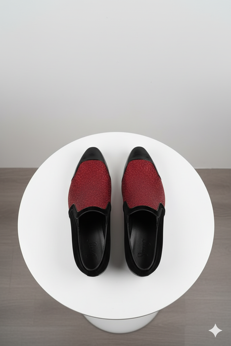 Men’s Red Glitter Tuxedo Loafers – Shiny Slip-On Dress Shoes with Black Patent Toe for Parties and Formal Events