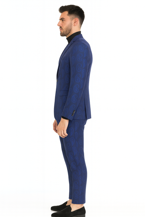 Men’s Saphire Blue Paisley 3-Piece Suit – Slim Fit Designer Tuxedo Set for Weddings and Formal Events in Cobalt Blue Color