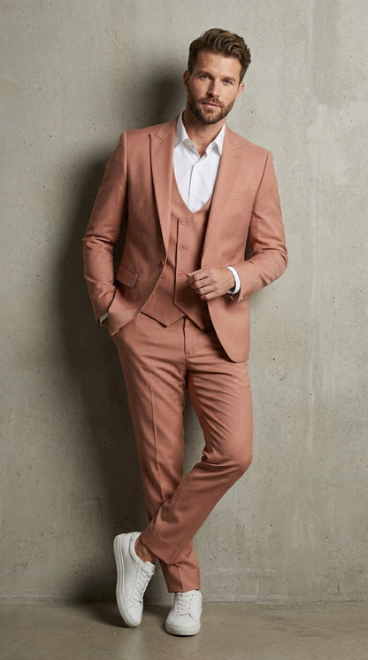 Men’s Peach Light Brown 3 Piece Suit – Wedding & Prom Formal Suit Set, Blazer Pants Double breasted vest
