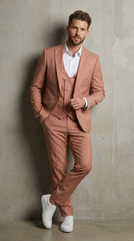 Men’s Peach Light Brown 3 Piece Suit – Wedding & Prom Formal Suit Set, Blazer Pants Double breasted vest