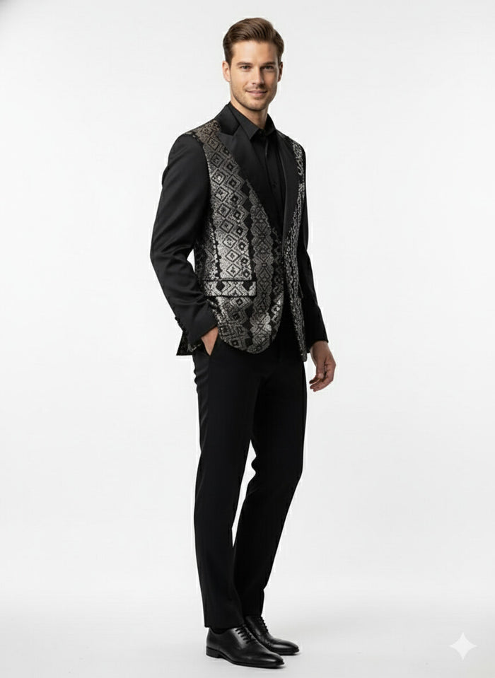 Mens Black and White and Silver Sequin Embroidered Blazer – Luxury Designer Party Wear with Geometric Detailing - Image 3