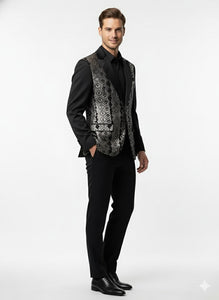 Mens Black and White and Silver Sequin Embroidered Blazer – Luxury Designer Party Wear with Geometric Detailing