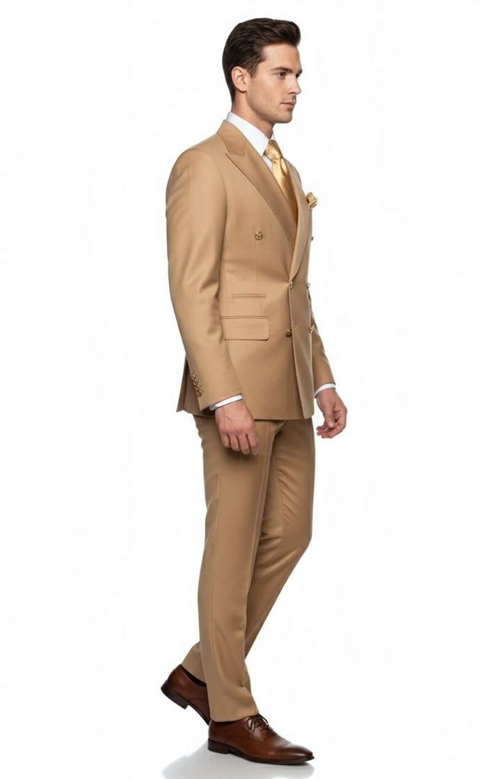 Mens Camel - Bronze - Goldish khaki Double-Breasted Suit – Luxury 2-Piece Formal Set with Gold Buttons and Peak Lapels by Rossi Man - Image 3