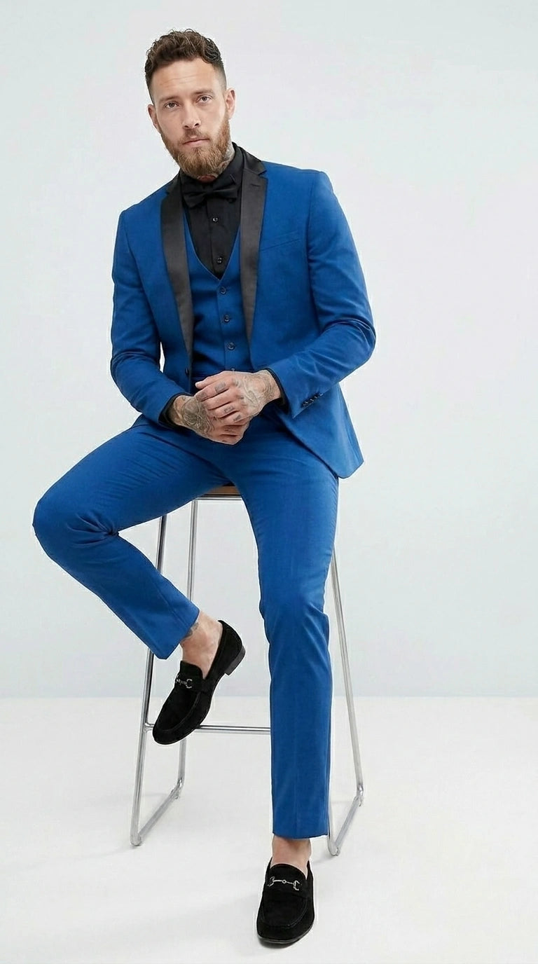 Men’s Royal Blue 3 Piece Suit with Black Lapel – Modern Formal Suit for Wedding, Prom and Party Wear Modern Fit