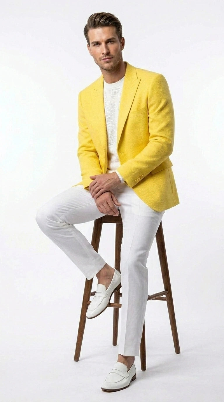 Zacci Brand Men’s Lemon Yellow Blazer Peak Lapel Hopsack Weave – Elegant Formal Blazer Jacket for Wedding, Party, Prom and Smart Casual Wear