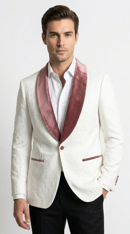 Men’s Ivory and Rose gold Floral Blazer – Elegant Shawl Lapel Formal Blazer Jacket for Wedding, Party, Prom