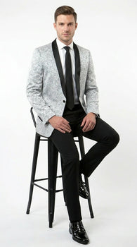 Men’s Silver and Black Floral Blazer – Elegant Formal Tuxedo Style Blazer Jacket for Wedding, Party, Prom and Evening Wear