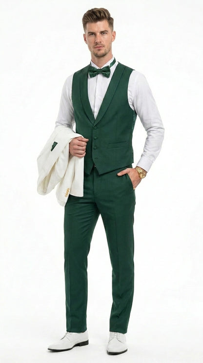 Men’s White and Hunter Green 3 Piece Suit – Elegant Formal Suit with Vest, Wedding Tuxedo Suit for Prom and Party Wear