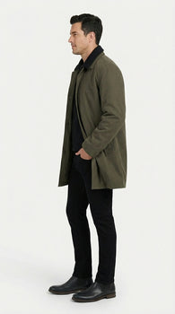 Mens Olive Brown Trench Coat Raincoat – Classic Water Resistant Long Coat with Zip and Button Closure for Business, Travel and Everyday Outerwear