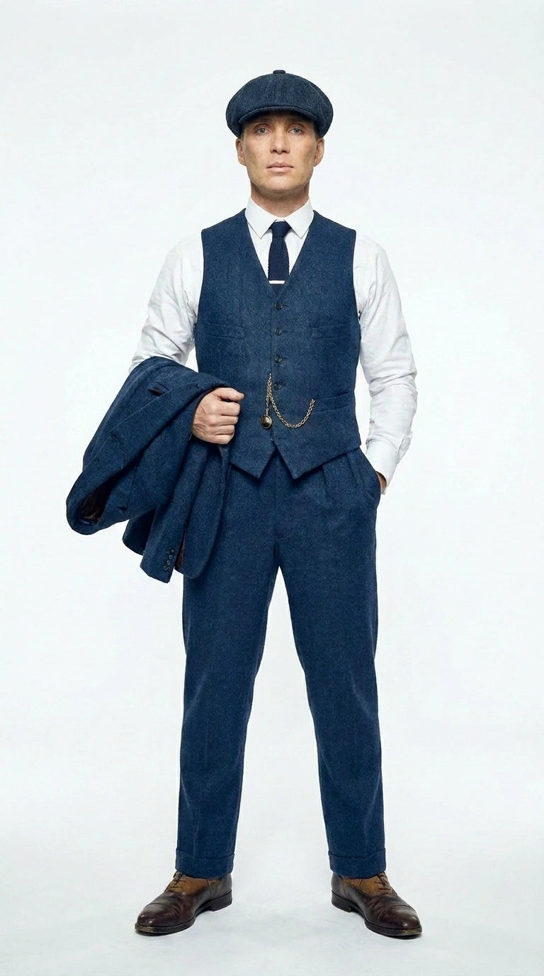 Men’s Blue 3 Piece Suit, Thomas Shelby Inspired Vintage Formal Suit Herringbone Tweed 1920s fabric Modern Fit