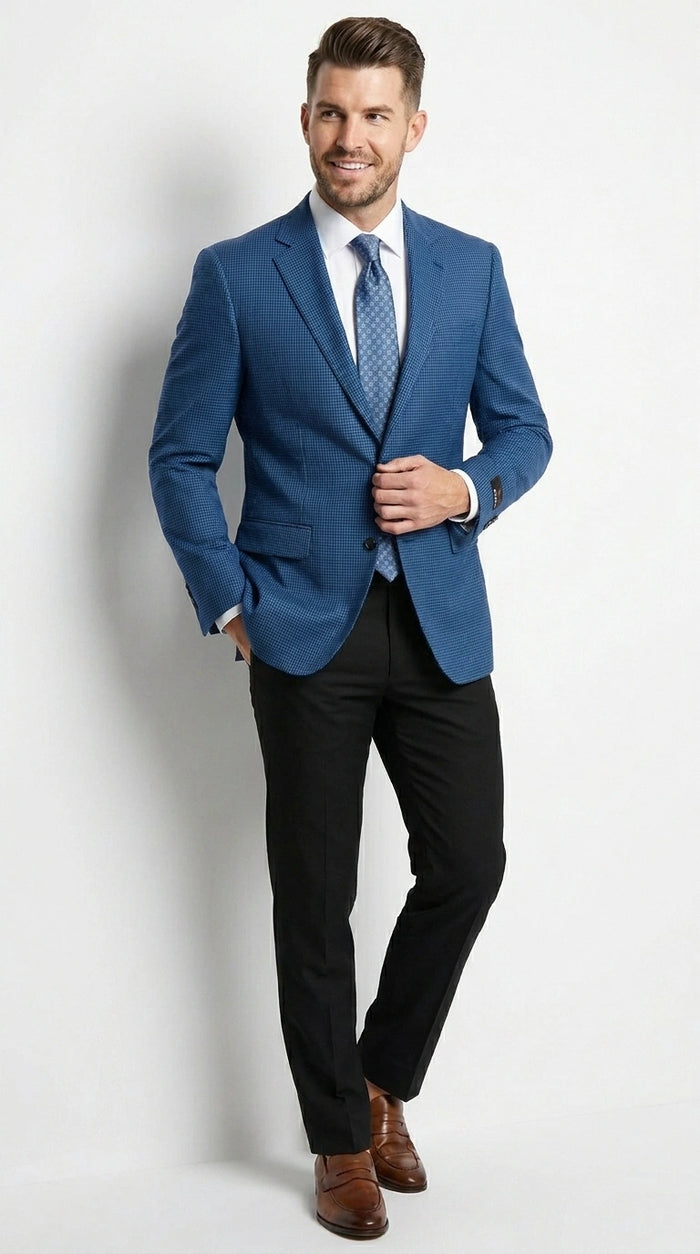 Men’s Blue Houndstooth Blazer Jacket, Check Pattern Formal Sport Coat for Weddings, Prom, Parties, and Special Occasions