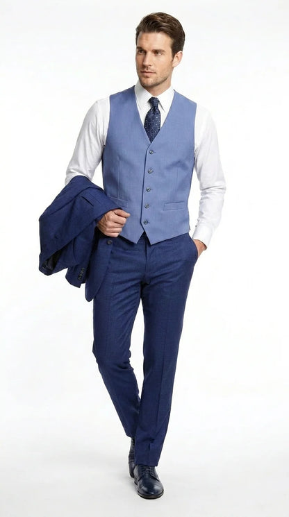 Vitali Men’s Navy Blue 3 Piece Suit with Light Blue Vest, Textured Formal Dress Suit for Weddings, Prom, Business Events, and Parties Modern Fit