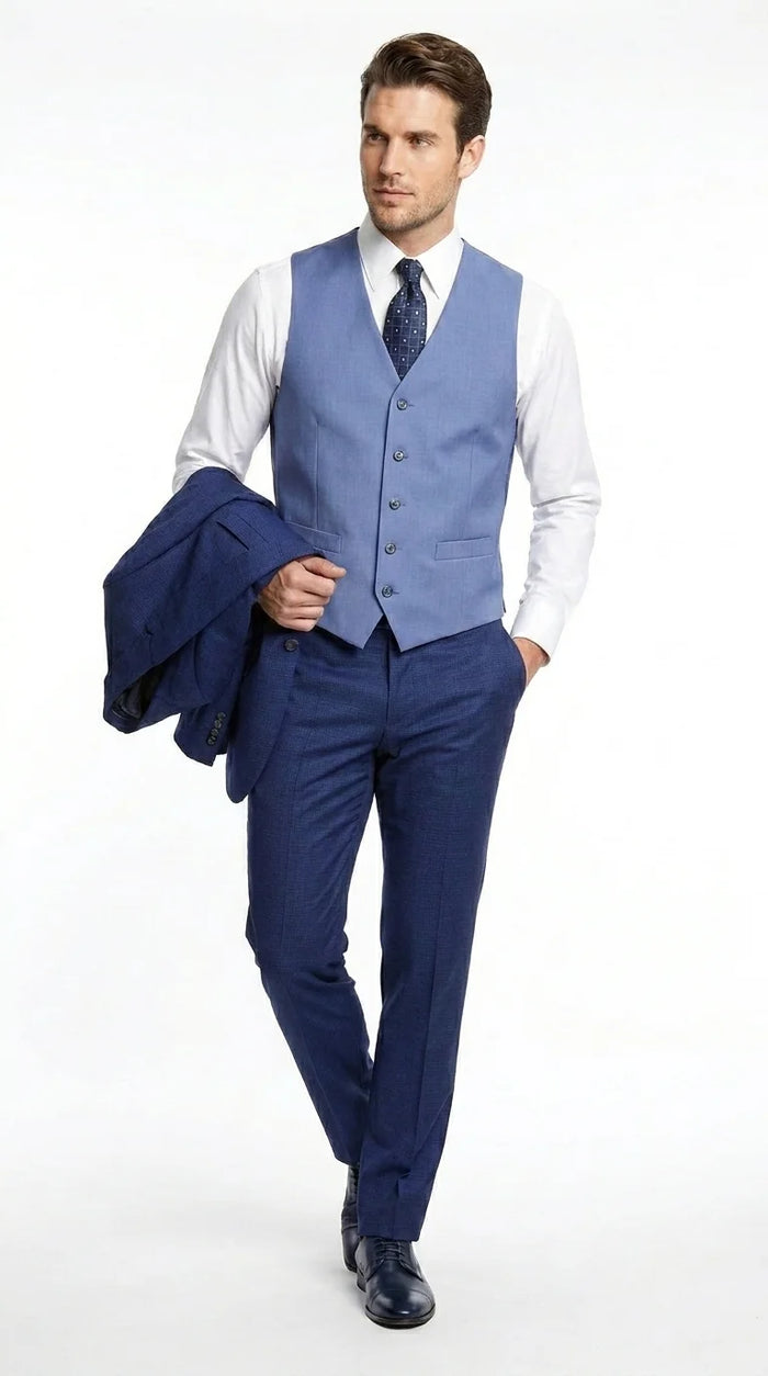 Vitali Men’s Navy Blue 3 Piece Suit with Light Blue Vest, Textured Formal Dress Suit for Weddings, Prom, Business Events, and Parties Modern Fit