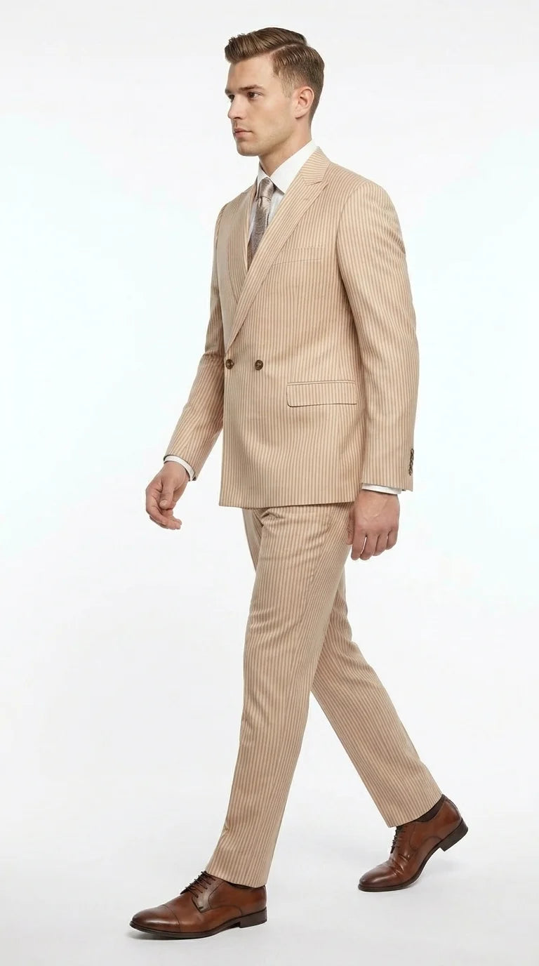 Vitali Men’s Tone on Tone Beige Pinstripe 2 Piece Suit, Double Breasted Summer Dress Suit for Weddings, Tan Beige Shadow Pinstripe Modern Fit