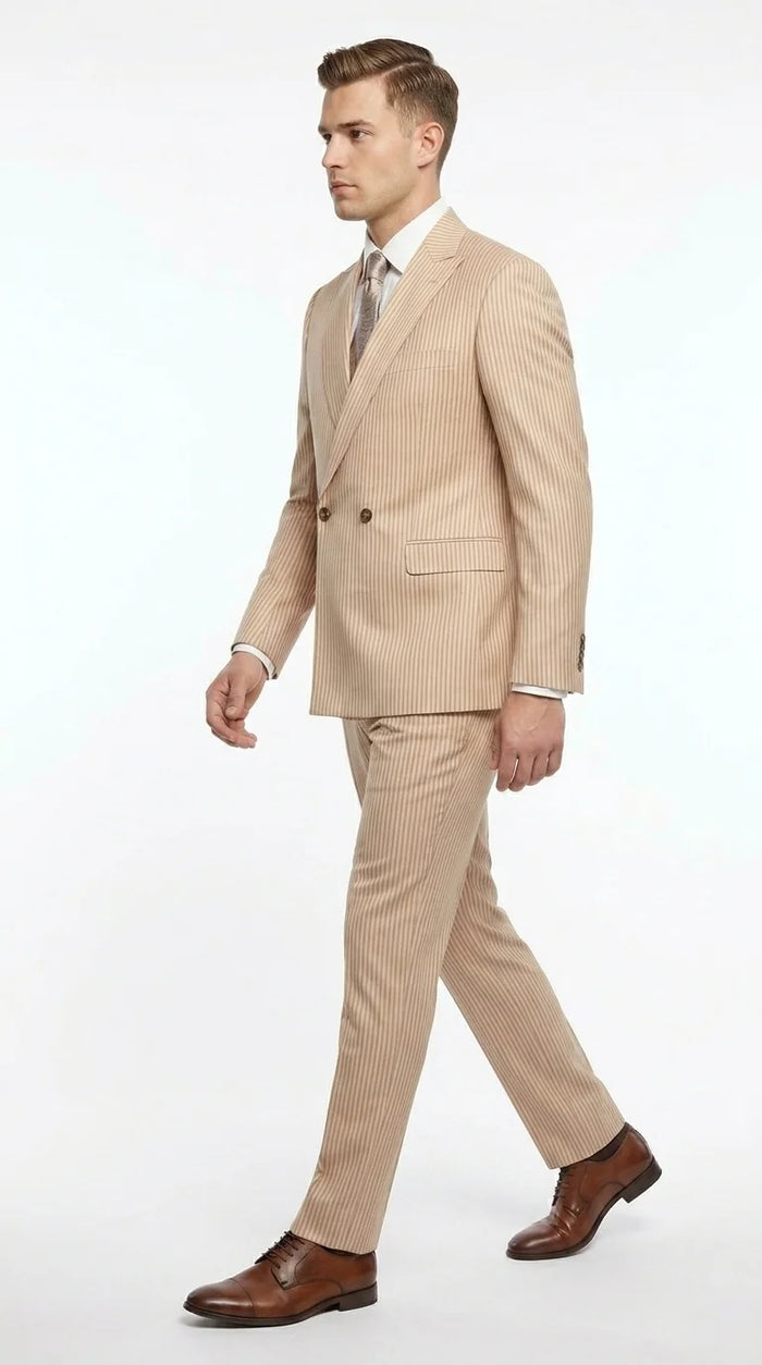 Vitali Men’s Tone on Tone Beige Pinstripe 2 Piece Suit, Double Breasted Summer Dress Suit for Weddings, Tan Beige Shadow Pinstripe Modern Fit