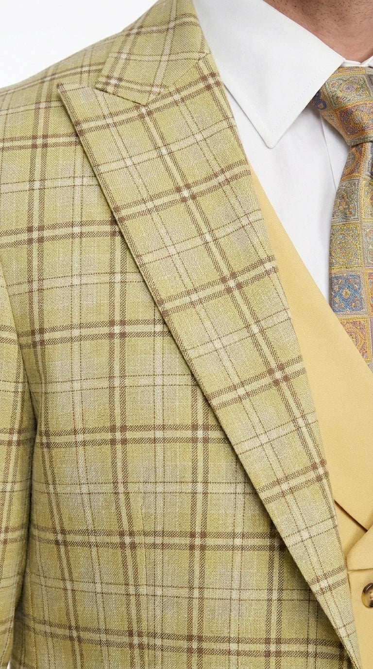 Vitali Men’s Sage Beige Tan Plaid 3 Piece Suit, Check Pattern Formal Dress Suit for Weddings, Prom, Business Events,Light Yellow Color Modern Fit