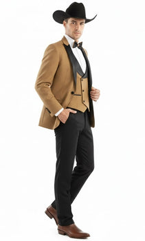 Mens Western Cowboy Tuxedo – Tan and Black 3-Piece Suit with Satin Lapel and Vest in Mocca Coffee Color