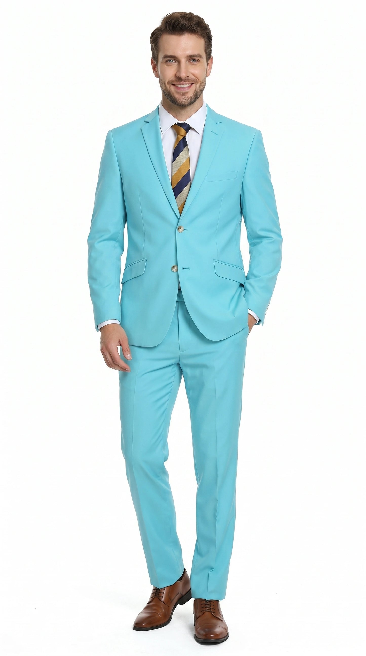 Men’s Aqua Blue 2 Piece 2 Button Suit, Formal Dress Suit for Weddings, Prom, Parties, Summer Events, Turquoise Light blue Modern Fit