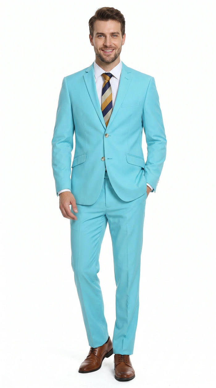 Men’s Aqua Blue 2 Piece 2 Button Suit, Formal Dress Suit for Weddings, Prom, Parties, Summer Events, Turquoise Light blue Modern Fit
