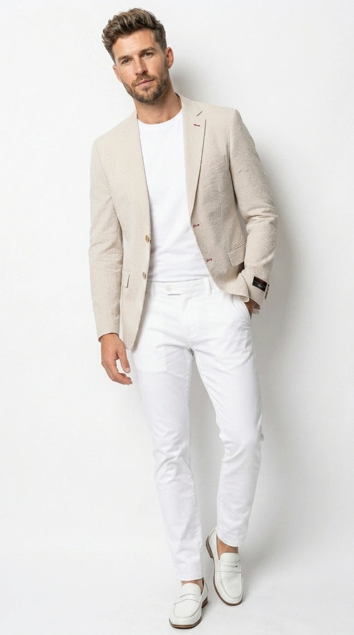 Men’s Beige Seersucker Summer Blazer, Lightweight Striped Sport Coat for Weddings, Parties, Beach Events in Tan Color
