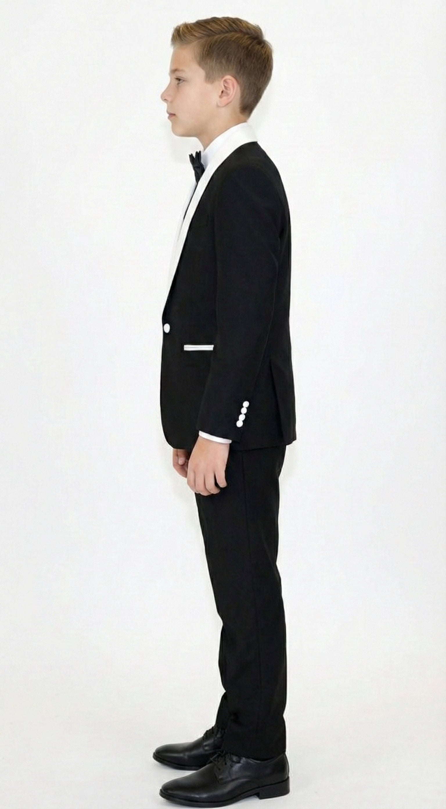Boys Black Tuxedo Suit with White Shawl Lapel and Bow Tie | Formal Wedding & Prom Outfit Set - Image 7