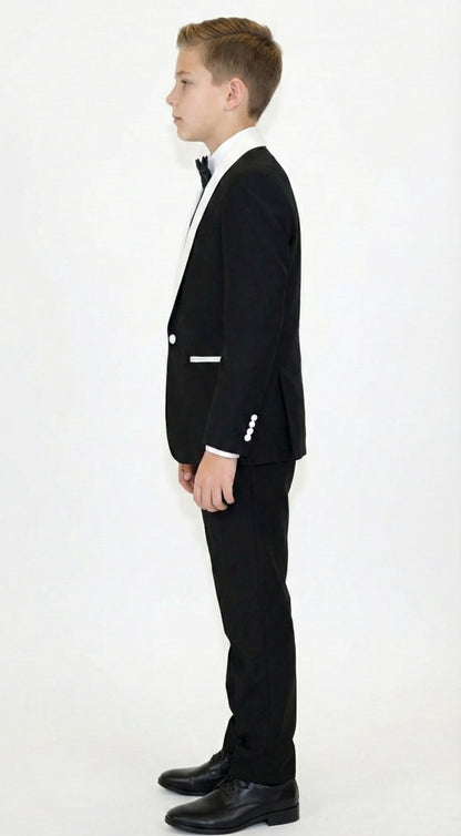 Boys Black Tuxedo Suit with White Shawl Lapel and Bow Tie | Formal Wedding & Prom Outfit Set - Image 7