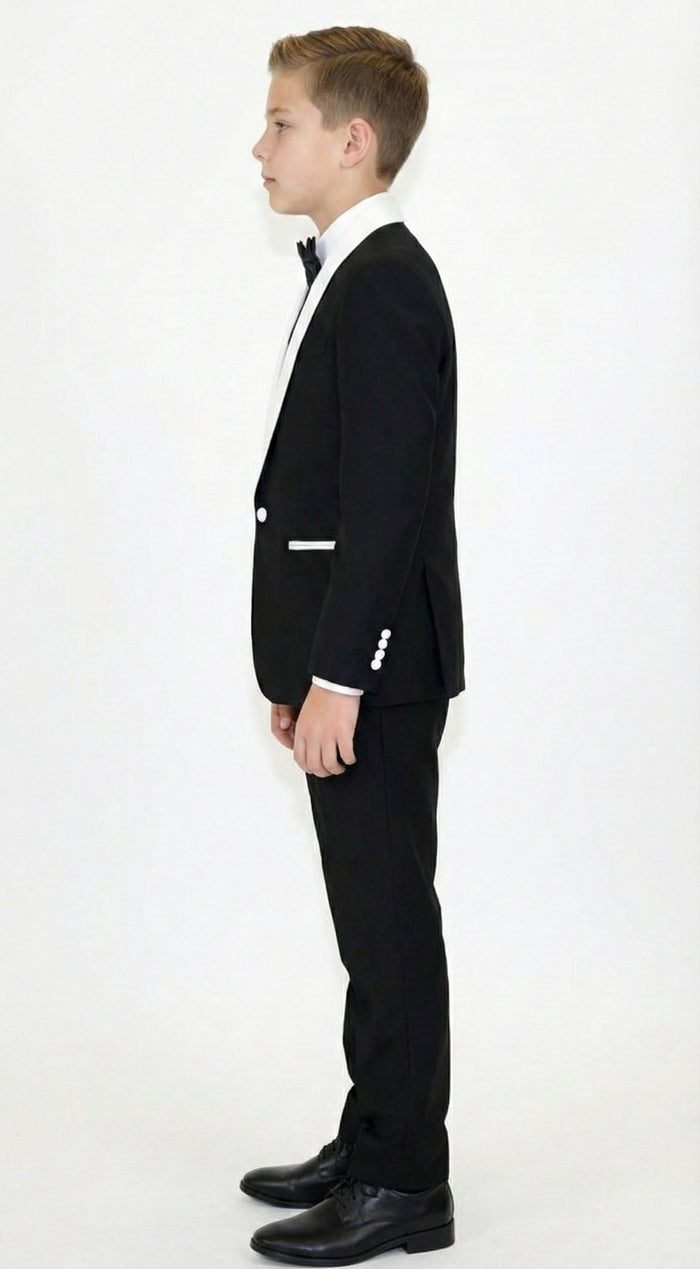 Boys Black Tuxedo Suit with White Shawl Lapel and Bow Tie | Formal Wedding & Prom Outfit Set - Image 7