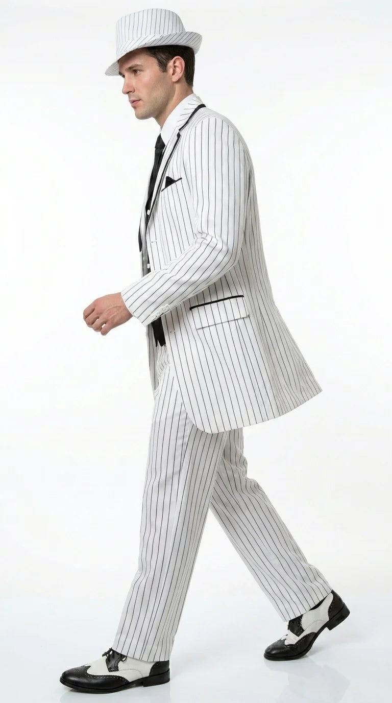 Men’s White Pinstripe 1920s Gangster 3 Piece Suit, Black Contrast Formal Costume Suit for Parties, Prom, Weddings, and Theme Events Modern Fit