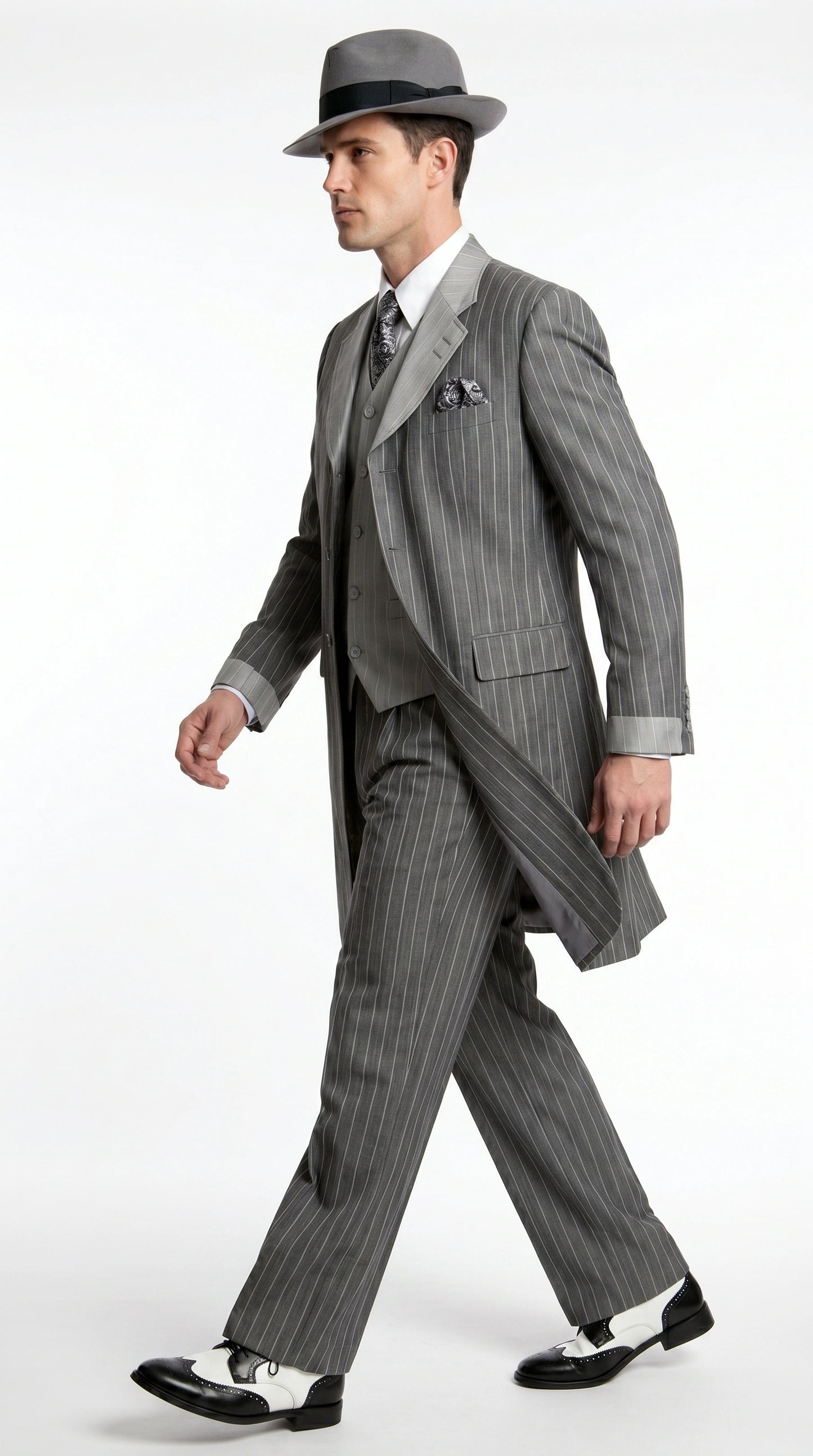 Men’s Grey Pinstripe 1920s Gangster 3 Piece Suit, Contrast Lapel Vintage Formal Suit for Parties, Prom, Weddings, and Theme Events Modern Fit
