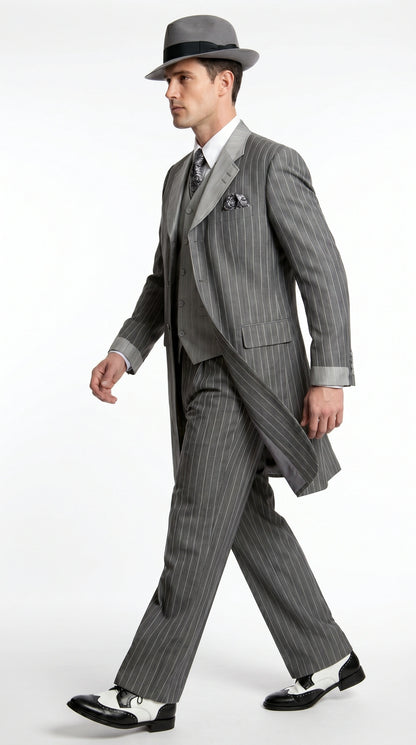 Men’s Grey Pinstripe 1920s Gangster 3 Piece Suit, Contrast Lapel Vintage Formal Suit for Parties, Prom, Weddings, and Theme Events Modern Fit