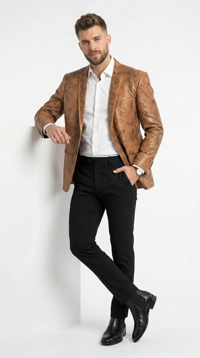 Men’s Tan Snakeskin Print Blazer, Brown Sport Coat Camel Alligator Crocodile Animal Print leopard Jacket