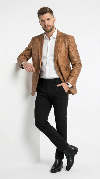 Men’s Tan Snakeskin Print Blazer, Brown Sport Coat Camel Alligator Crocodile Animal Print leopard Jacket