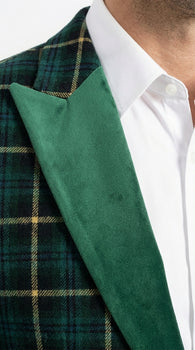 Mens Tartan Green and Gold Check Blazer – Windowpane Plaid Sport Coat Velvet Lapel Plaid Christmas Holiday New Year Jacket