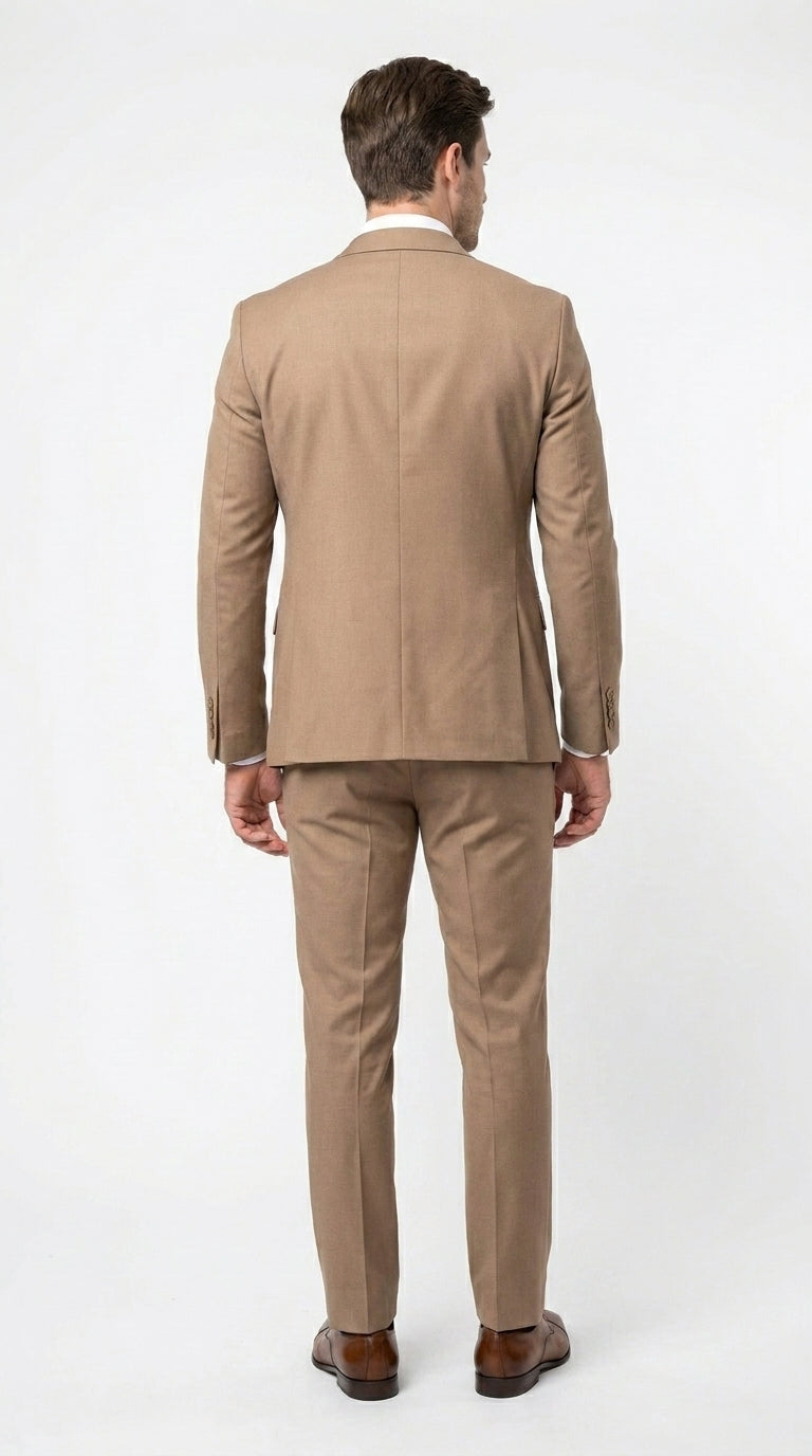 Men’s Rossiman Tan Suit with Gold Buttons, Peak Lapel Jacket and Double Breasted Vest Modern Fit