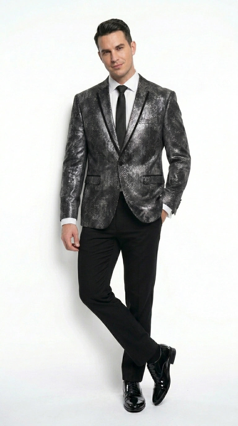 Men’s Black and Charcoal Gray Snakeskin Print Blazer, Animial Exotic Skin Alligator Crocodile Texture