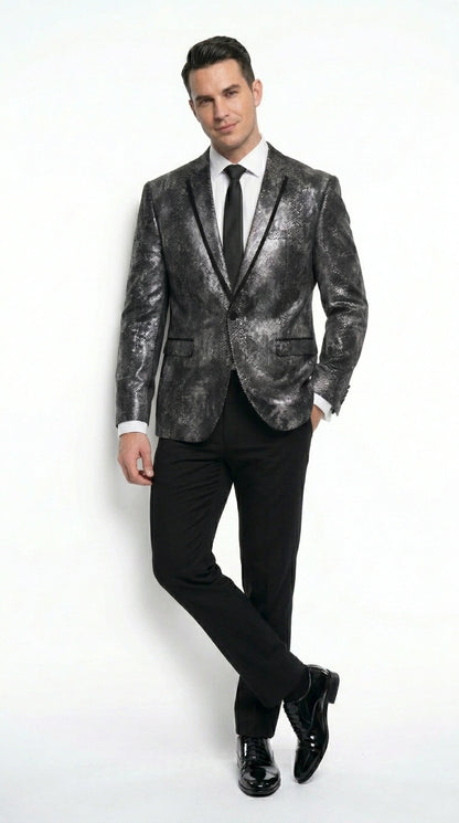 Men’s Black and Charcoal Gray Snakeskin Print Blazer, Animial Exotic Skin Alligator Crocodile Texture