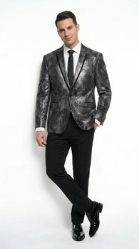 Men’s Black and Charcoal Gray Snakeskin Print Blazer, Animial Exotic Skin Alligator Crocodile Texture