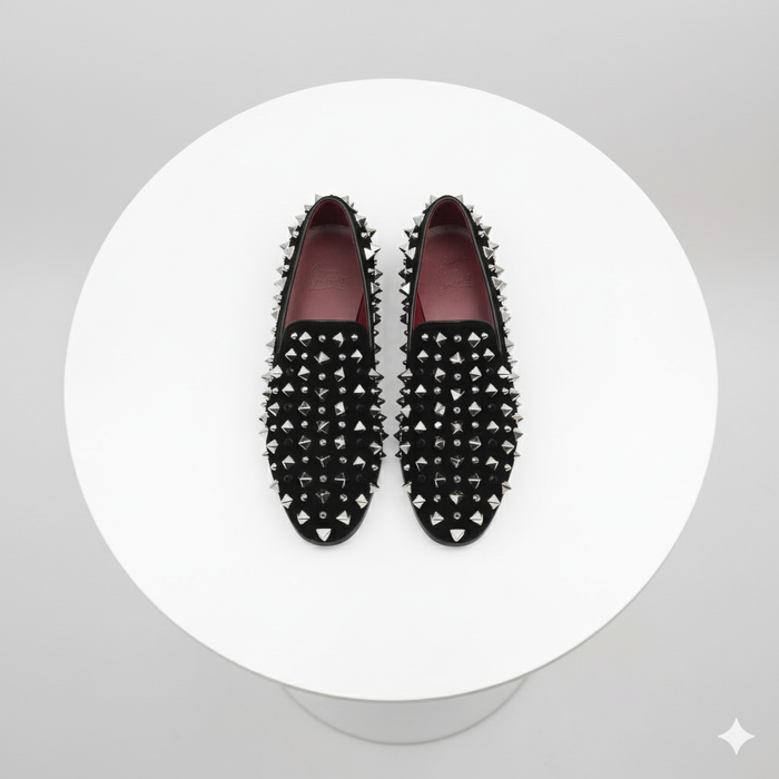 Men’s Black Studded Loafers with Silver Spikes – Luxury Slip-On Dress Shoes for Parties and Formal Events
