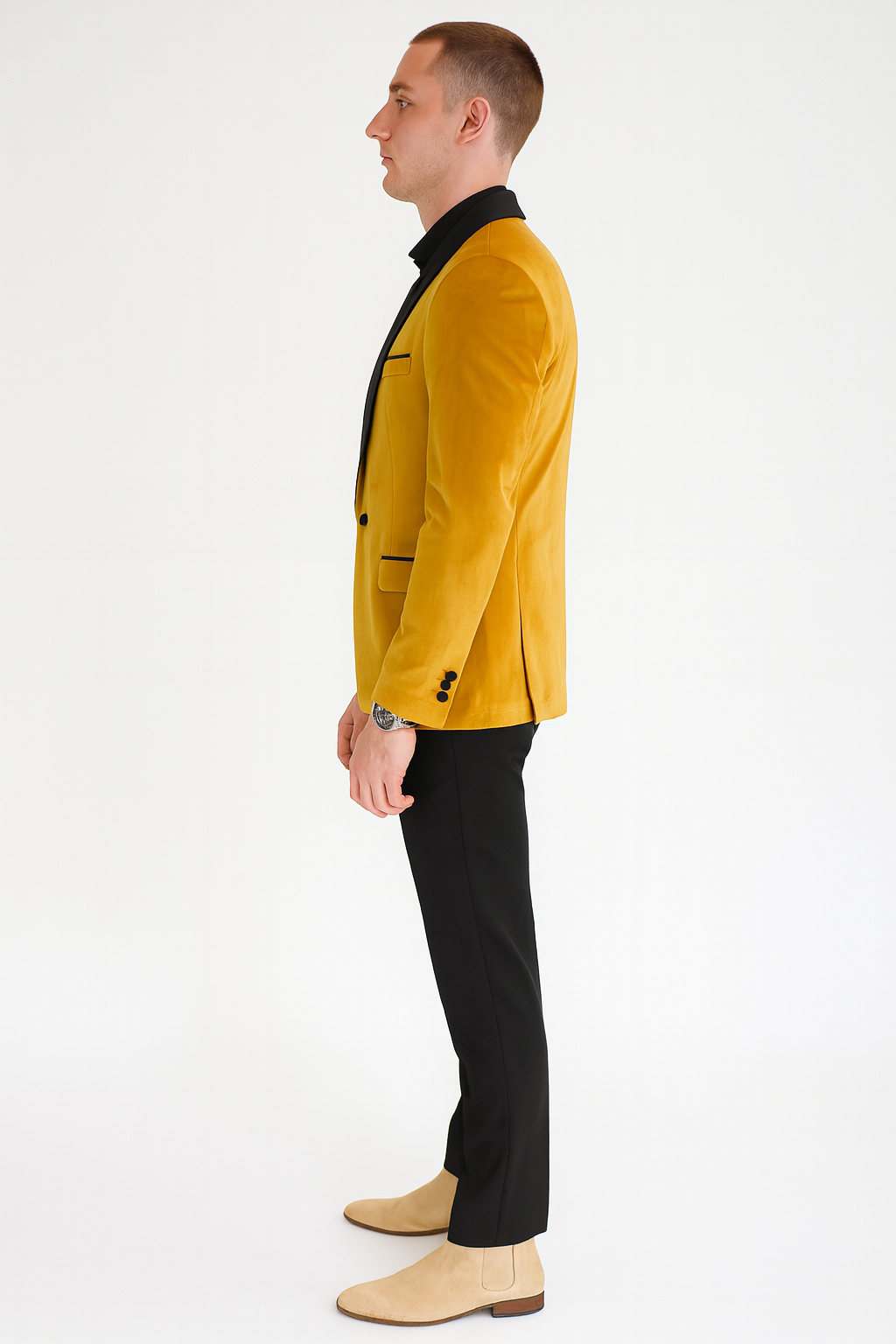 Men’s Mustard Gold Tuxedo Jacket – Slim Fit Dinner Blazer with Black Satin Shawl Lapel + Free Black Pants & Bowtie
